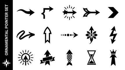 Obraz premium Diverse Collection of Ornamental Pointer Silhouette Designs Featuring Various Artistic Shapes and Decorative Graphic Directional Elements for Creative Projects (4)