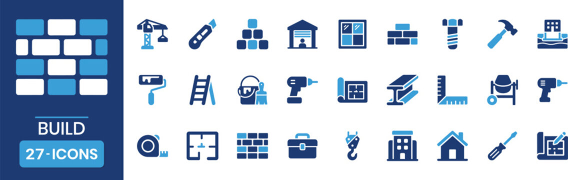 Build pictogram fill color icon pack. Construction, tool, hammer, wrench, crane, brick, site, project, vector illustrator