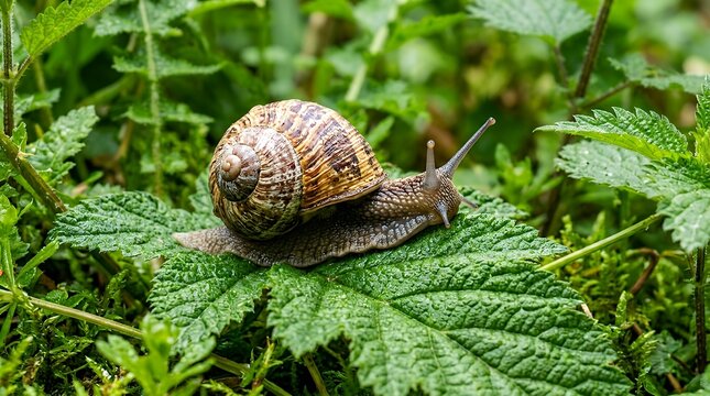 Gastropod mollusk on verdant foliage macro  gastropod mollusk verdant foliage macro closeup shell spiral nature wildlife meadow grass blade sunny daylight spring season outdoor