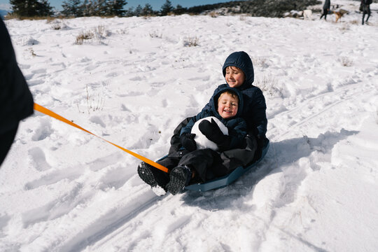 Happy children sledding down snowy hill in winter