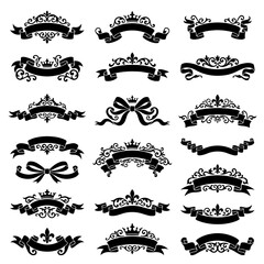 Set of ornate decorative banners ribbons and floral frame accents with ornament © eee