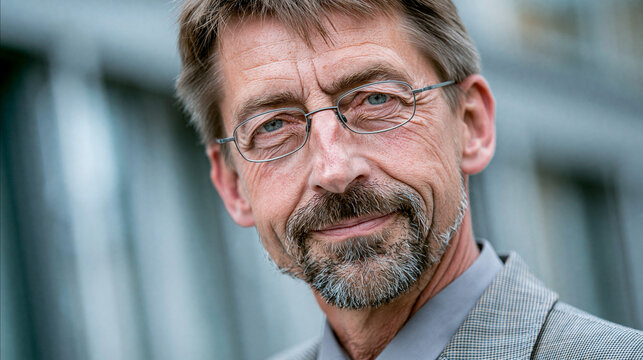 &Auml;lterer Mann mit Brille und Bart im grauen Sakko blickt nachdenklich in die Kamera