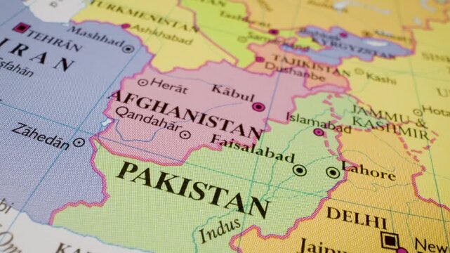 india pakistan iran afghanistan political map flyover with camera motion