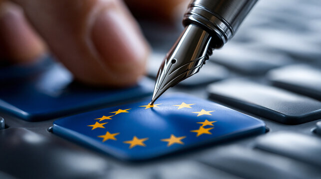 Hand mit F&uuml;llfederhalter zeigt auf EU Flagge Taste einer Computertastatur 