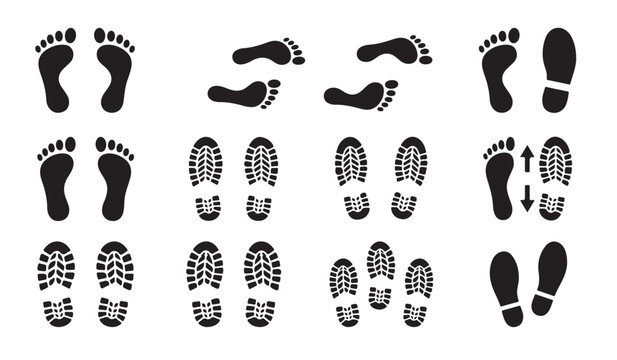 Footprint and Shoe Print Icons on White Background, silhouette collection of human footprints, shoe sole patterns, walking trail symbols, track marks and professional vector design.