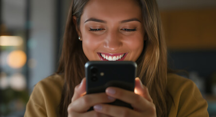 Fototapeta premium Young Woman Enjoying Positive Mobile Experience While Browsing Smartphone at Home