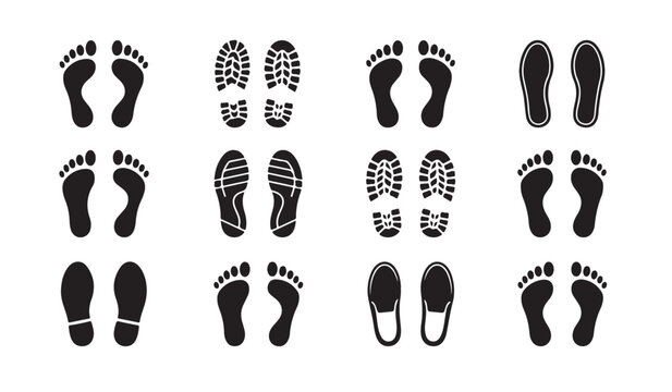 Footprint and Shoe Print Icons on White Background, silhouette collection of human footprints, shoe sole patterns, walking trail symbols, track marks and professional vector design.