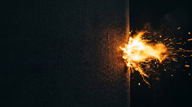 Bright orange fire flames burning intensely on the dark rough fabric edge of heavy canvas