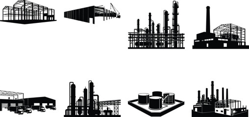 Obraz premium Silhouette Collection of Industrial Factories and Warehouses for Manufacturing Infrastructure Design Projects