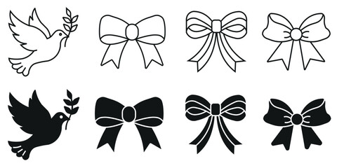 Dove of peace with olive branch and ribbon bow icons set for greeting cards and wedding invitations in linear and flat black styles isolated on transparent background. © IconBloom