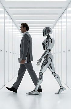 A professional businessman and a futuristic silver humanoid robot walking side by side down a clean symmetrical modern corporate office corridor