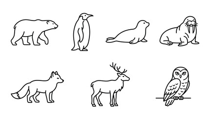 Fototapeta premium Polar animal line icon collection with bear penguin seal walrus fox reindeer and snow owl.