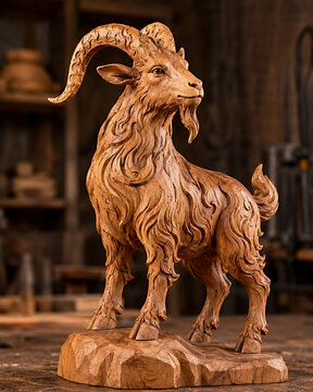 Hand carved wooden statue of proud fire goat with rustic chisel textures