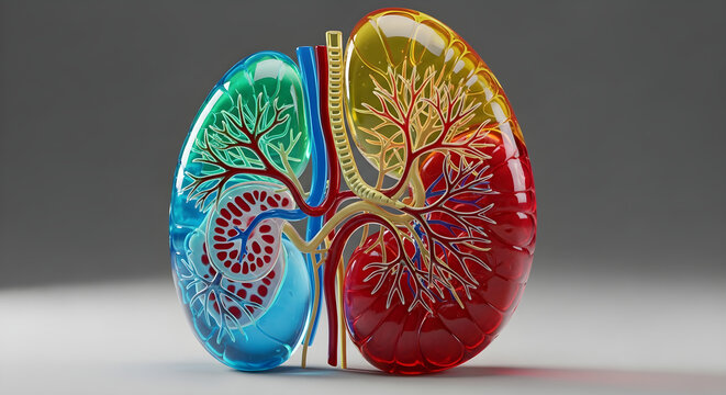 Human kidney anatomy with internal structure and blood vessels in colorful transparent view.