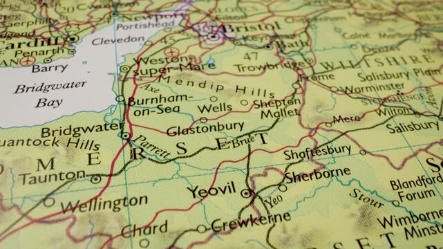 destination bristol, england, aerial glide across atlas map