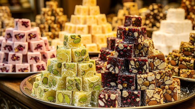 Assorted Traditional Middle Eastern Turkish Delight Sweets Pyramid Stacks with Pistachios and Nuts
