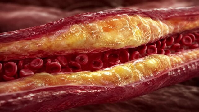 Blocked artery cholesterol plaque restricting red blood cells flow, dangerous atherosclerosis medical disease and cardiovascular heart risk concept, microscopic 3D animation. fat accumulation. vessels