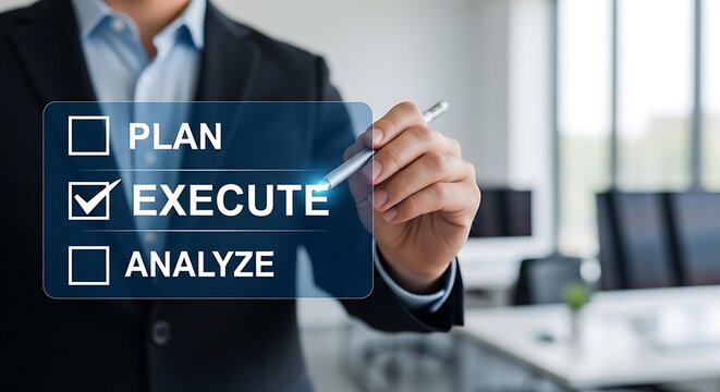 A professional in suit uses a pen to select "Execute" on a digital checklist