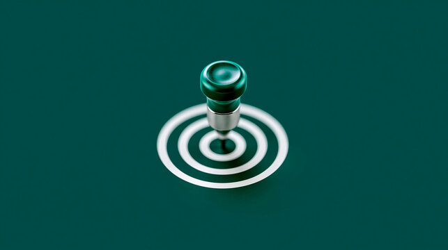 Dartpfeil trifft mittig ins Ziel einer gr&uuml;nen Zielscheibe, 3D-Illustration