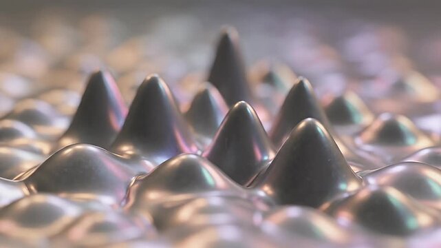 Metallic iridescent ferrofluid peaks with holographic texture.