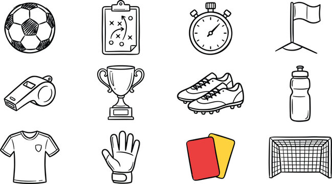 Soccer and Football Equipment Outline Icons Collection Featuring Ball Trophy Cleats Jersey Goal Referee Cards and Match Essentials