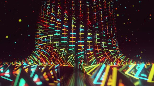 Hypnotic seamless loop of a futuristic geometric array. Abstract digital system made of rotating triangular prisms, crystalline lattices and textured metal grids, creating deep abstract background.