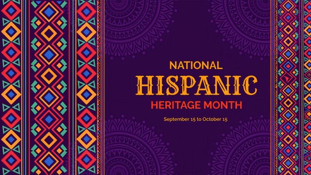 National Hispanic Heritage Month purple background banner with ethnic pattern and mandala