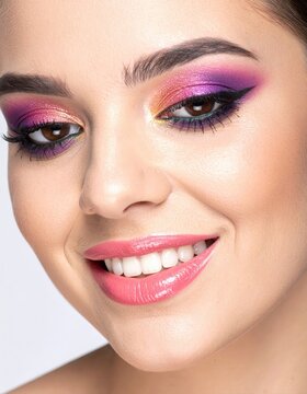 Woman smiling with vibrant colorful eyeshadow makeup