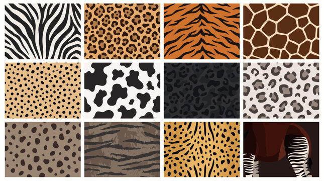 Seamless animal skin vector patterns featuring diverse natural textures like tiger stripes leopard spots and classic zebra black white lines
