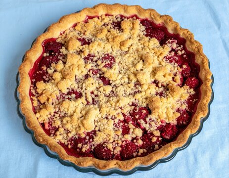 Raspberry crumble pie on blue tablecloth dessert