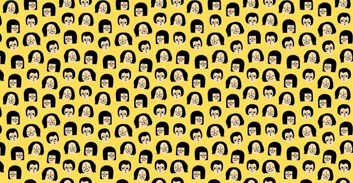 Seamless pattern with hand-drawn stylized cartoon faces on yellow background