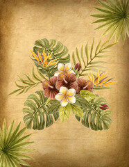 Vintage tropical boucuet with exotic flowers, palm leaves, and aged paper texture.  Floral Watercolor painting. © Marisha
