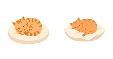 Fototapeta premium Minimalist vector artwork showing a cute orange cat sleeping on a soft cushion, flat colors, no outline, white background.