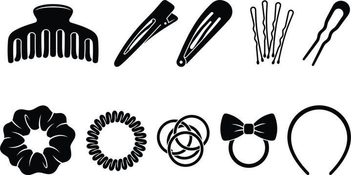Black Silhouette Hair Accessories Clips Barrettes Bobby Pins Scrunchies Bow Headband Vector Icon Set for Beauty Fashion Designs