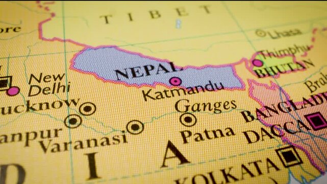 to nepal from india, gliding over political atlas map