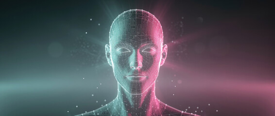 Naklejka premium Artificial intelligence cyborg face. Futuristic digital technology and virtual reality concept.