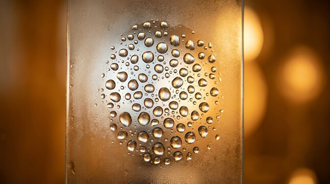 A close-up macro capture revealing intricate water droplets clustered on a transparent chilled pane set against a luminous amber-toned backdrop that radiates warmth and depth highlighting the