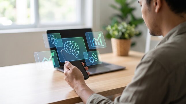 Modern Corporate Remote Learning with Smartphone, Mobile Education Platform, Employee Training Program and Professional Skills Growth, Holographic Digital Interface at Minimalist Workspace