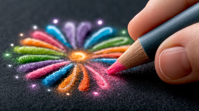 Hand zeichnet mit Stift buntes Feuerwerk aus leuchtenden Farbspuren