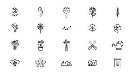 Minimalist line drawings of flowers and gardening tools © RANUKA  BAIRAGI