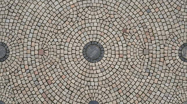 Detailed Circular Layout of Cobblestone Street Pavement Overhead close view of interlocking stone blocks arranged in a concentric geometric design on an old urban walkway  background cobblestone