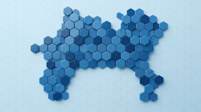 Geometric infographic map of Kanagawa Prefecture with blue hexagons A minimalist and clean geometric map of Kanagawa Japan composed of blue hexagonal tiles. This monochromatic blue design is