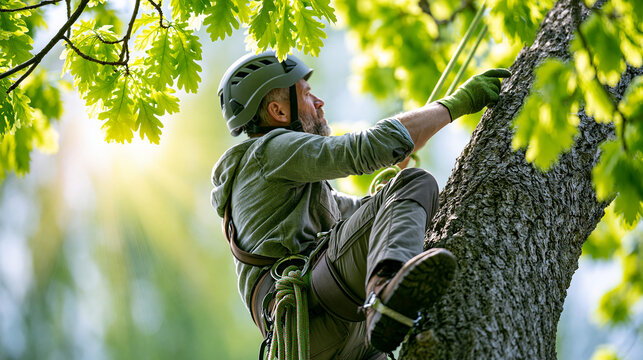 Faceless skilled arborist climbing large tree harnessed and focused surrounded by vibrant green leaves and sunlight filtering through branches, professional climbing concept,
