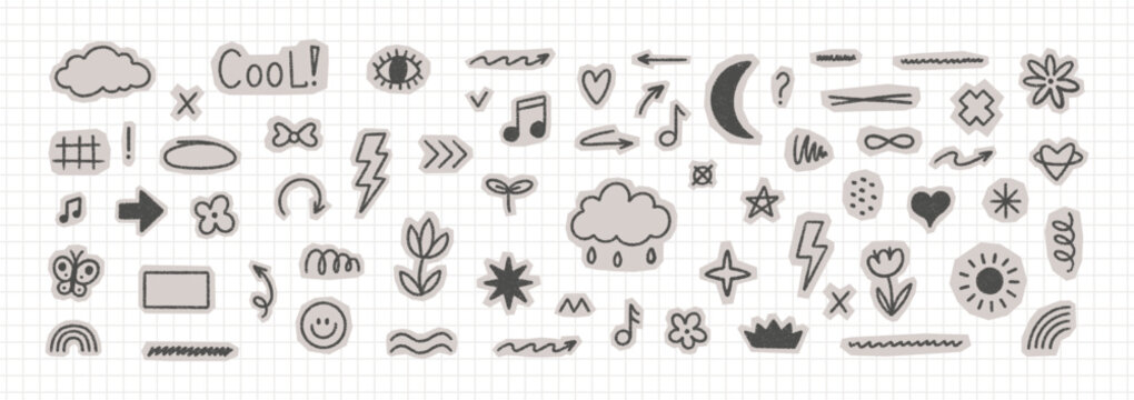 Hand-drawn crayon stickers with playful kid-style butterfly, smile and arrows with crayon texture for collages and and scrapbooks projects. Black vector illustration.