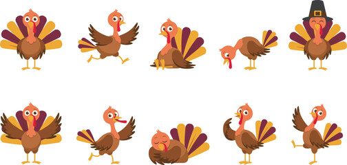 Cute Cartoon Thanksgiving Turkey Character Set Featuring Various Poses and Pilgrim Hat Illustrations for Holiday Greetings, Invitations, and Festive Designs © Mst