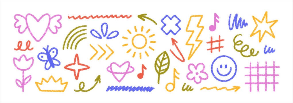 Cute crayon-style icons featuring arrows, rainbows, and hearts in soft pastels, ideal for children's art and playful stickers. Vector illustration.