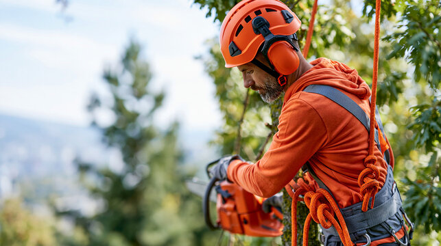Faceless arborist working at height safely pruning tree branches with chainsaw as professional forestry worker in outdoor environment, elevated tree care concept, arborist