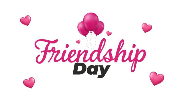 Happy friendship day banner vector illustration with pink balloons and flying hearts isolated on white background template
