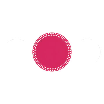 A large vibrant pink circle with a white dotted border flanked by two solid white circles on a stark white background concept of modern minimalist geometry