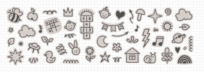 Cute crayon doodles featuring hopscotch, music notes and snail for collage and scrapbook design. Black vector illustration. © Arina